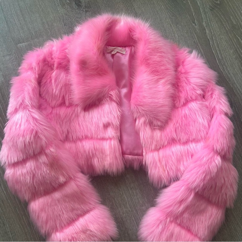 Bright pink fur crop jacket